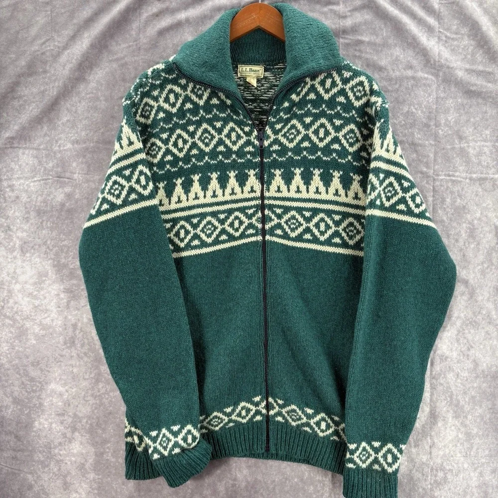 VTG LL Bean Wool Jacket Mens XL Snowflake Green Sweater Made In USA - Picture 1 of 4